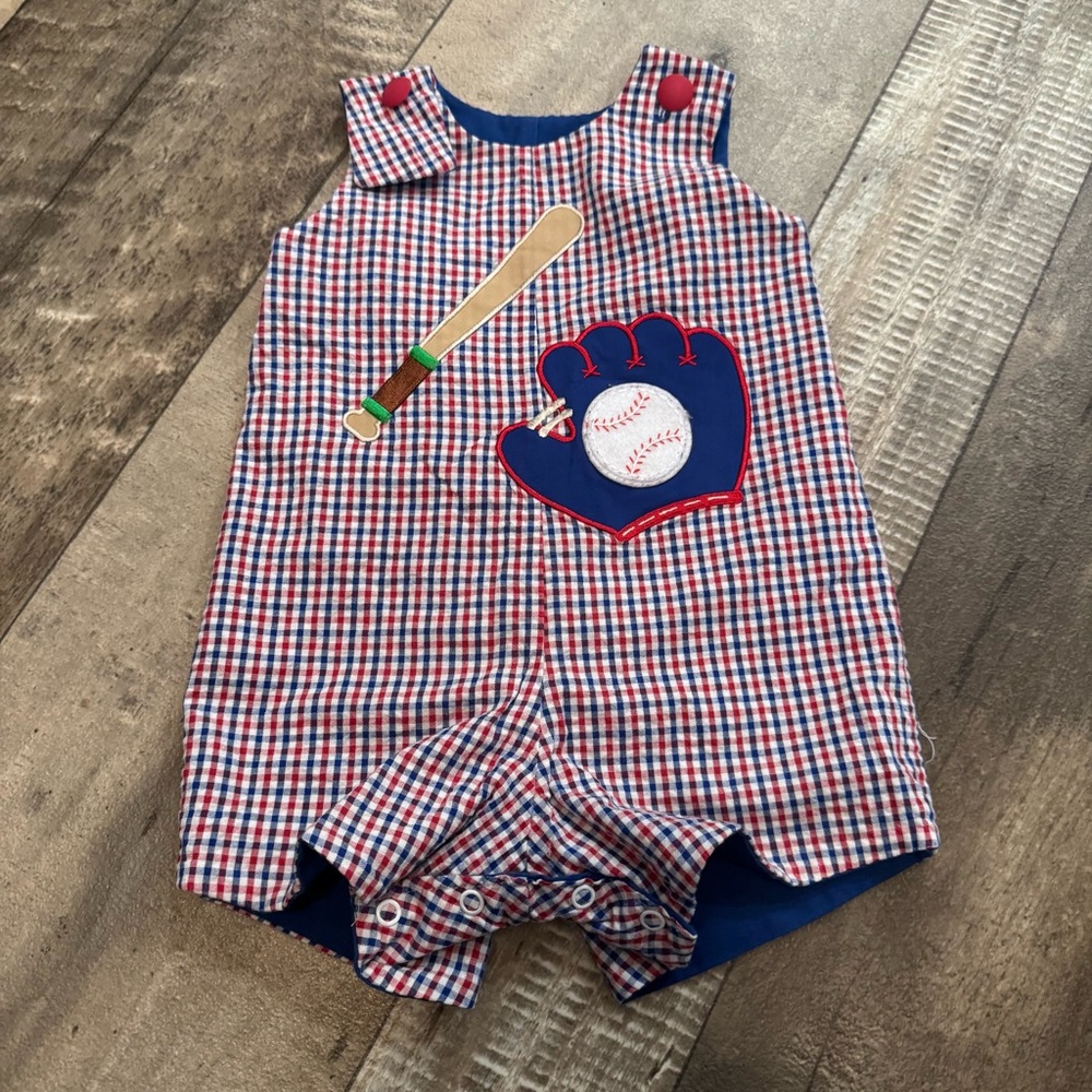 Red and Blue Checkered Baby Romper with Baseball Design